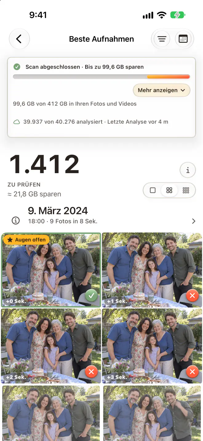 Keepworthy auf dem iPhone: Beste Aufnahmen, 1.412 Fotos zu prüfen, die Auswahl jeder Serie als „Behalten“ markiert und der Rest als „Löschen“