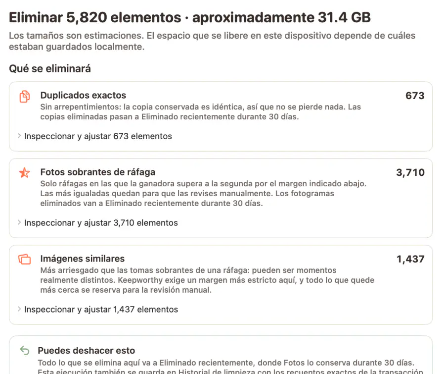 Revisión de Limpieza rápida en una Mac: quitar 5,820 elementos, unos 31.4 GB, entre duplicados exactos, fotos sobrantes de ráfaga e imágenes similares, cada categoría con su propio recuento para revisar