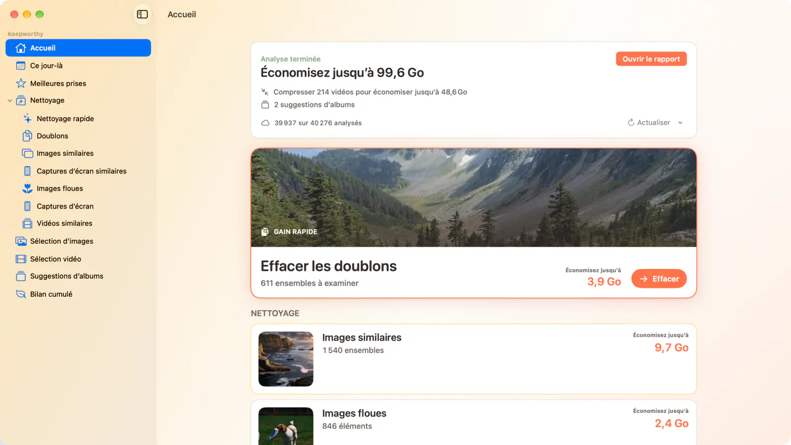 Keepworthy sur un Mac : Accueil après une analyse, avec jusqu’à 99,6 Go à économiser et Effacer les doublons comme première étape