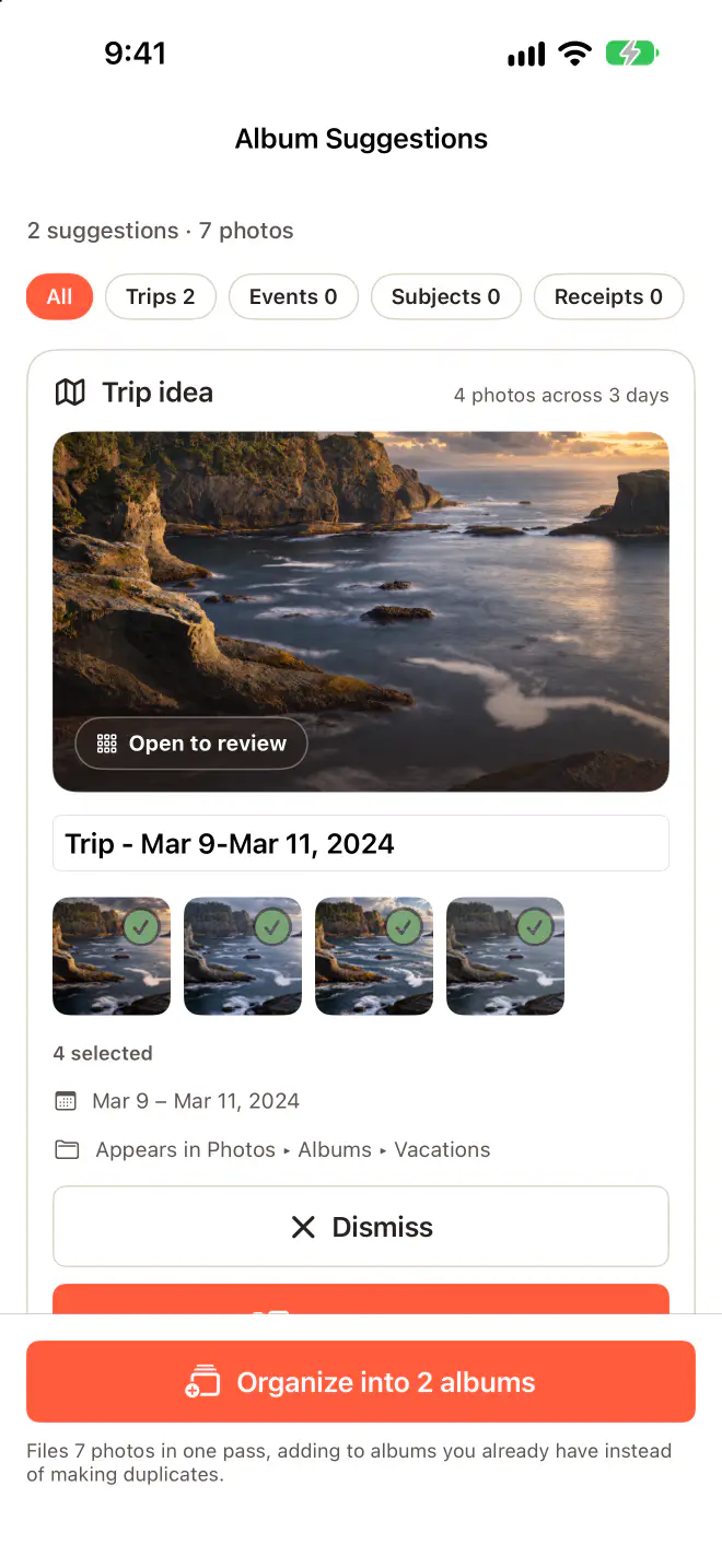Album Suggestions on iPhone: a trip idea with four photos