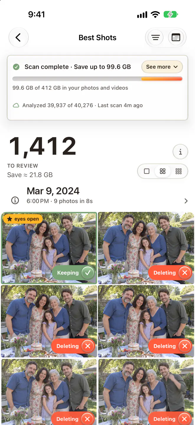 Keepworthy on iPhone: Best Shots, 1,412 photos to review, with the pick in each burst marked Keeping and the rest marked Deleting