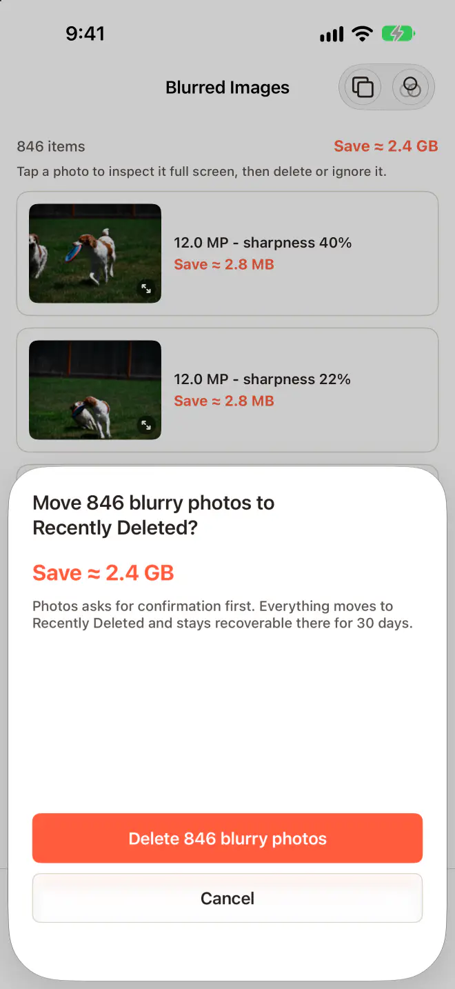 Move 846 blurry photos to Recently Deleted? The confirmation before anything is deleted