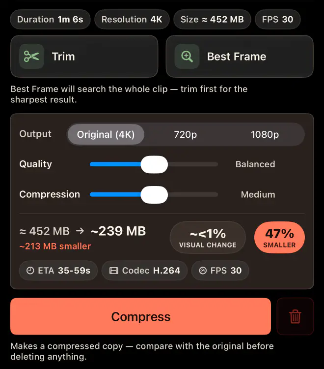 Compressing one video: 4K kept, Balanced quality, Medium compression, about 452 MB down to 239 MB, 47% smaller, with under 1% visual change