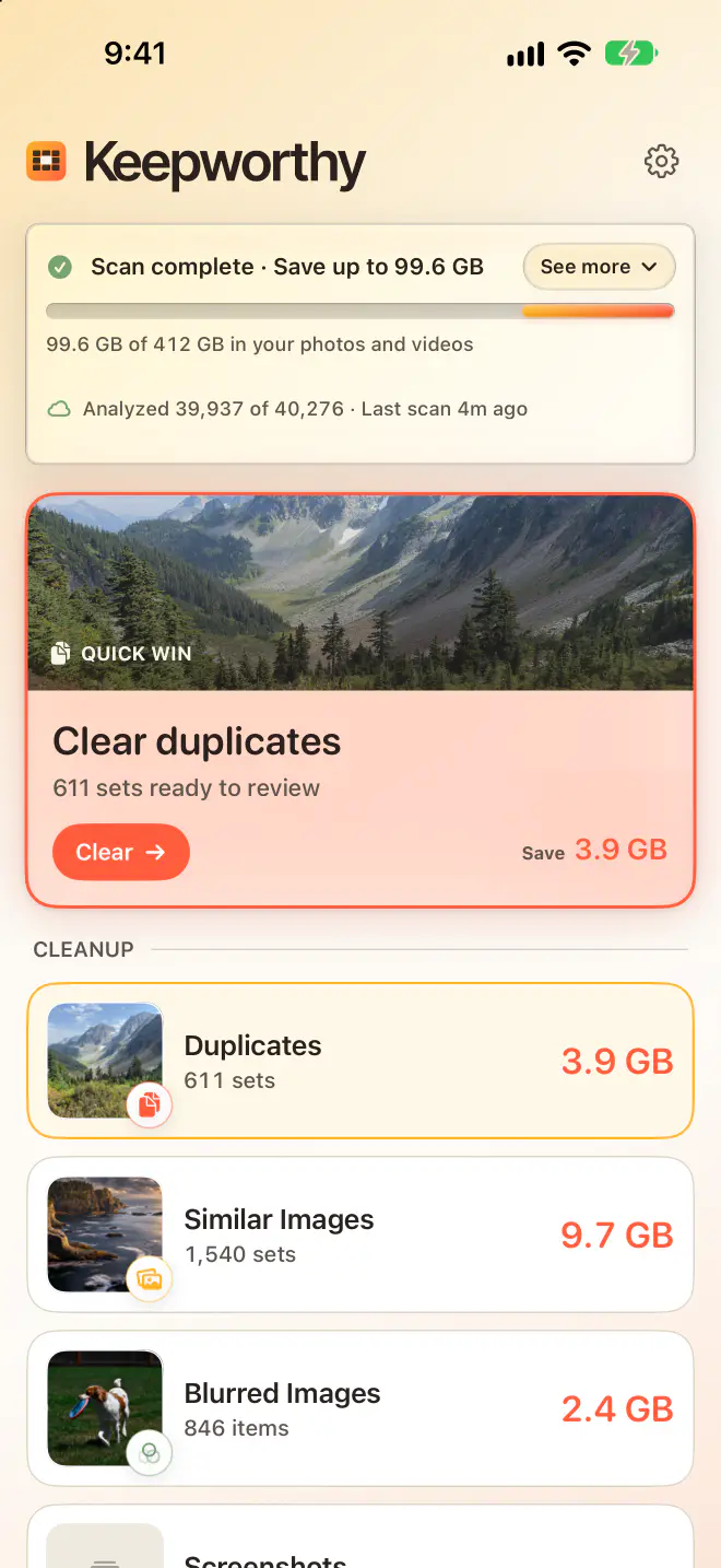 Keepworthy Home on iPhone: scan complete, save up to 99.6 GB, with duplicates, similar images and blurred images each showing its size