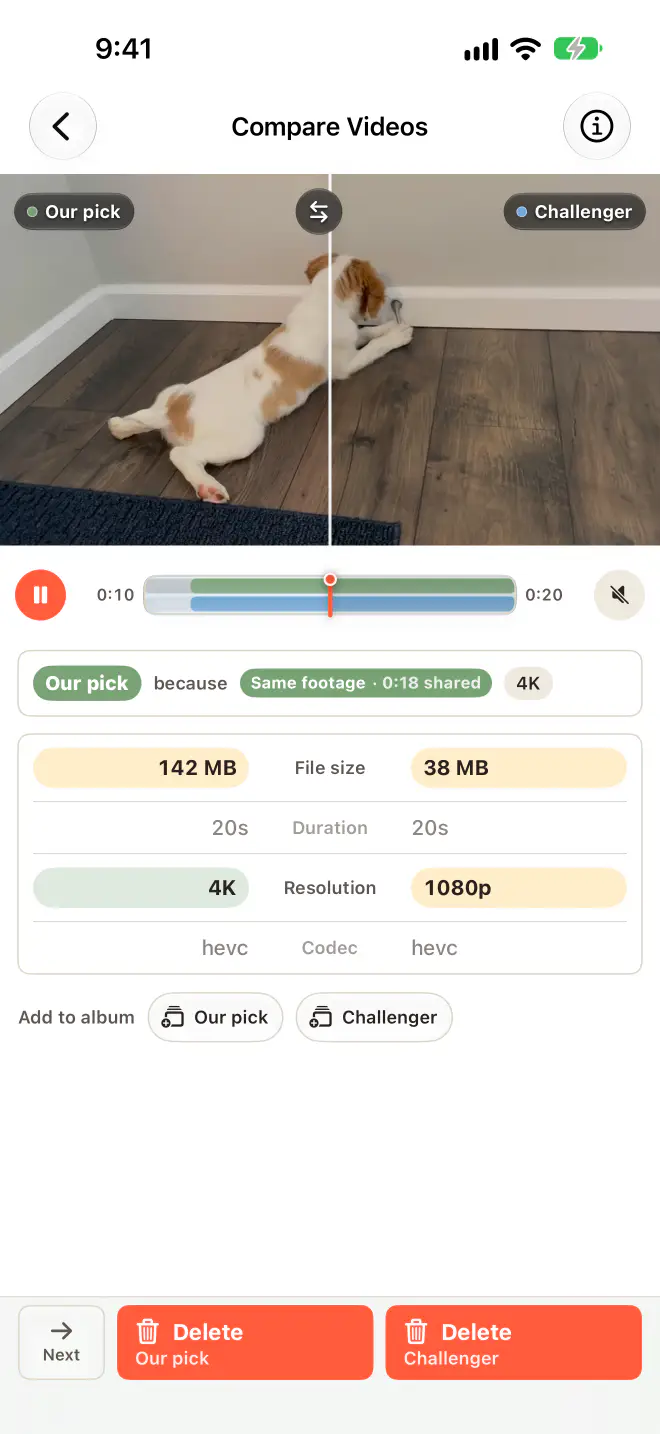 Compare Videos: the same clip saved twice, side by side, with file size, duration, resolution and codec