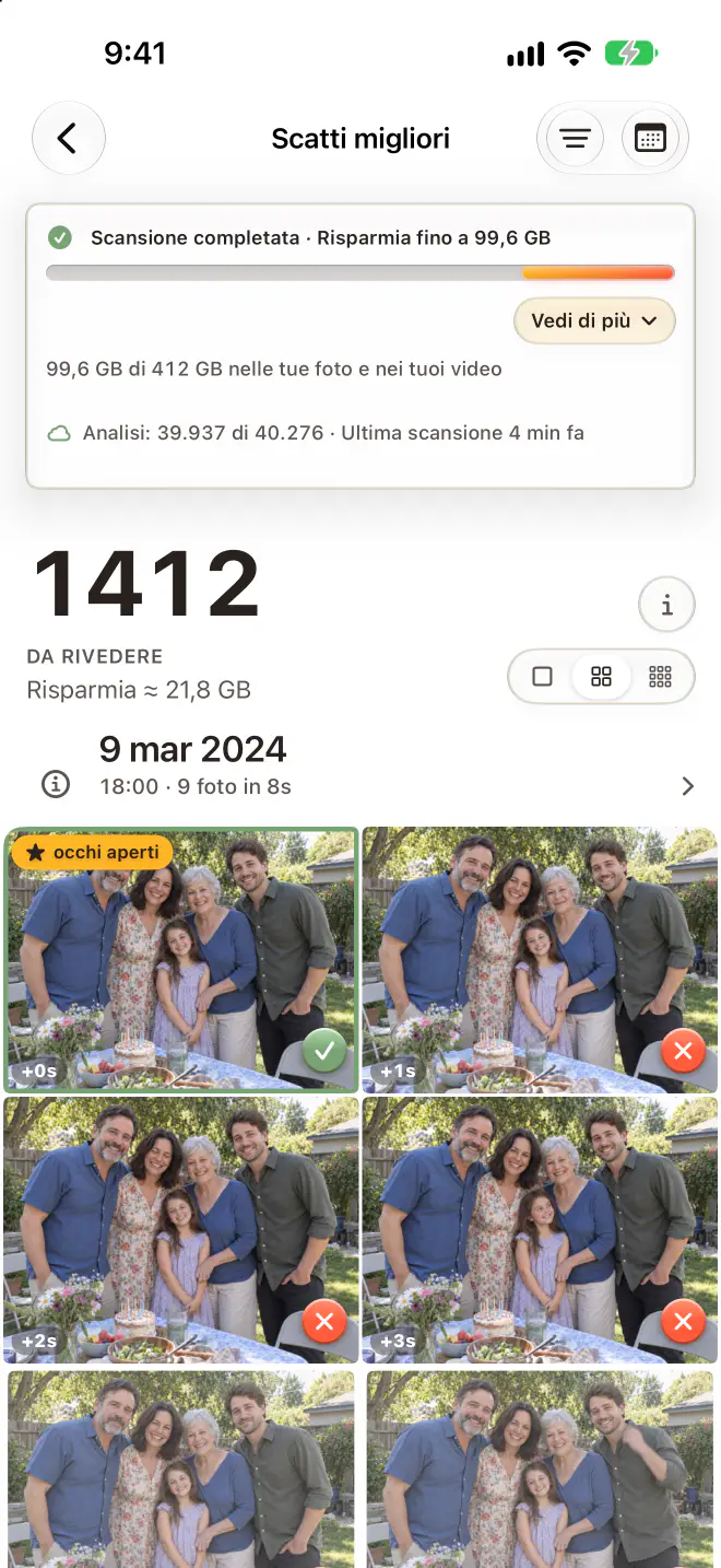 Keepworthy su iPhone: Scatti migliori, 1.412 foto da rivedere, con la scelta di ogni raffica segnata Da conservare e le altre Da eliminare