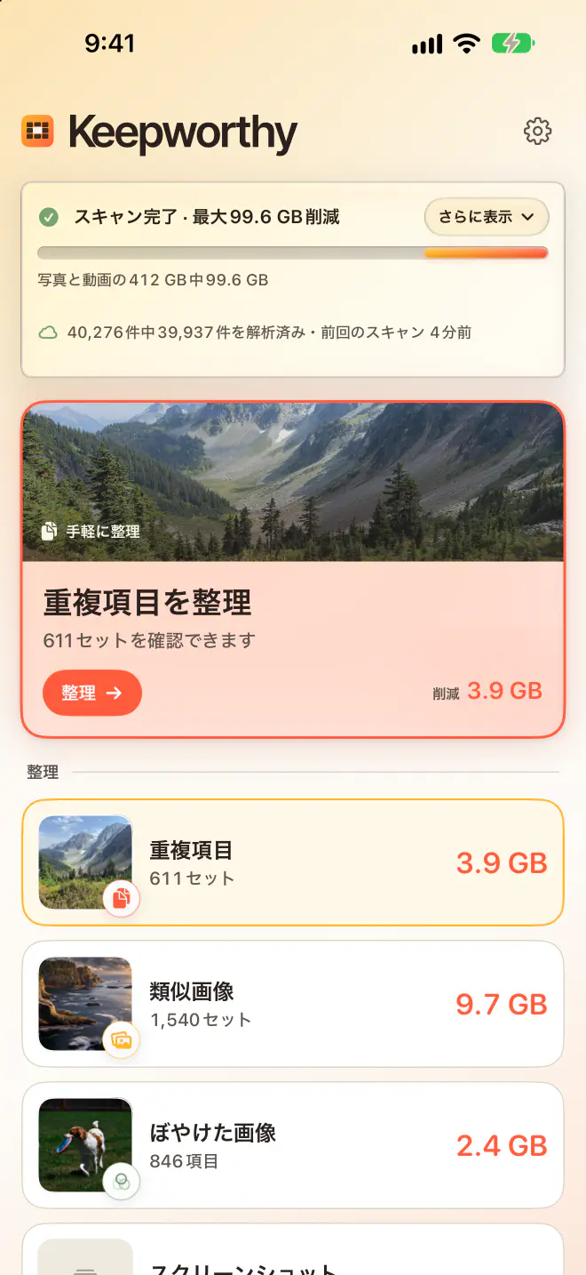 iPhoneのKeepworthyのホーム:スキャン完了、最大99.6 GB削減。重複項目、類似画像、ぼやけた画像にそれぞれのサイズが表示されています