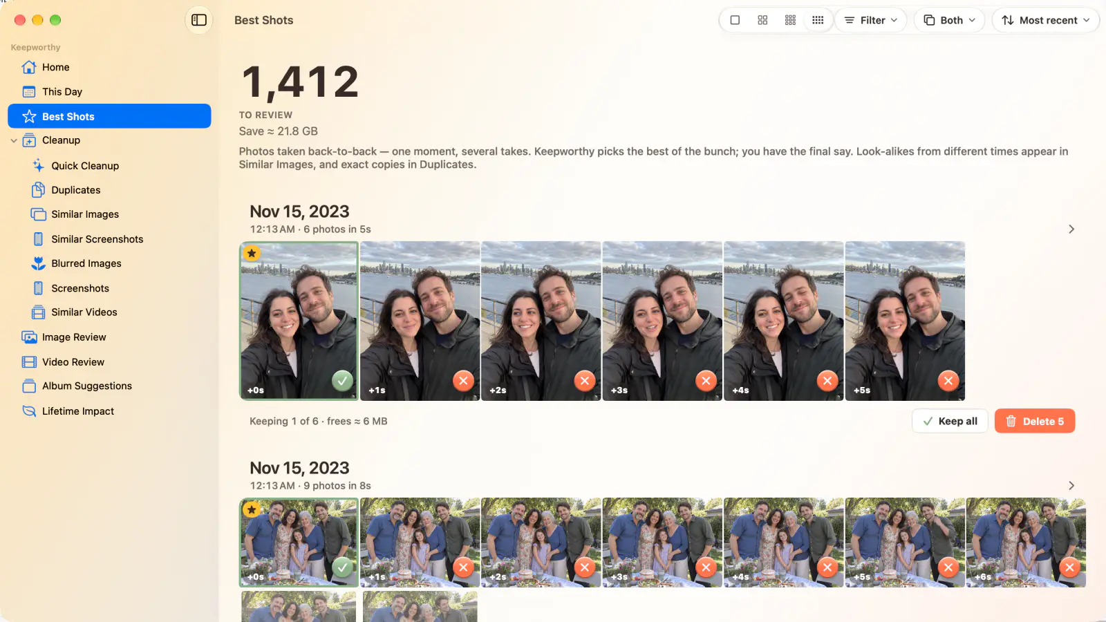 Best Shots on a Mac: 1,412 photos to review, grouped by moment, with the pick in each group starred and the rest marked for deletion