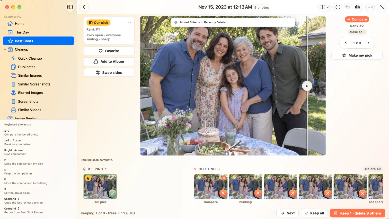 Best Shots compare on a Mac: a family photo from a group of nine, with the keyboard shortcut list in the sidebar