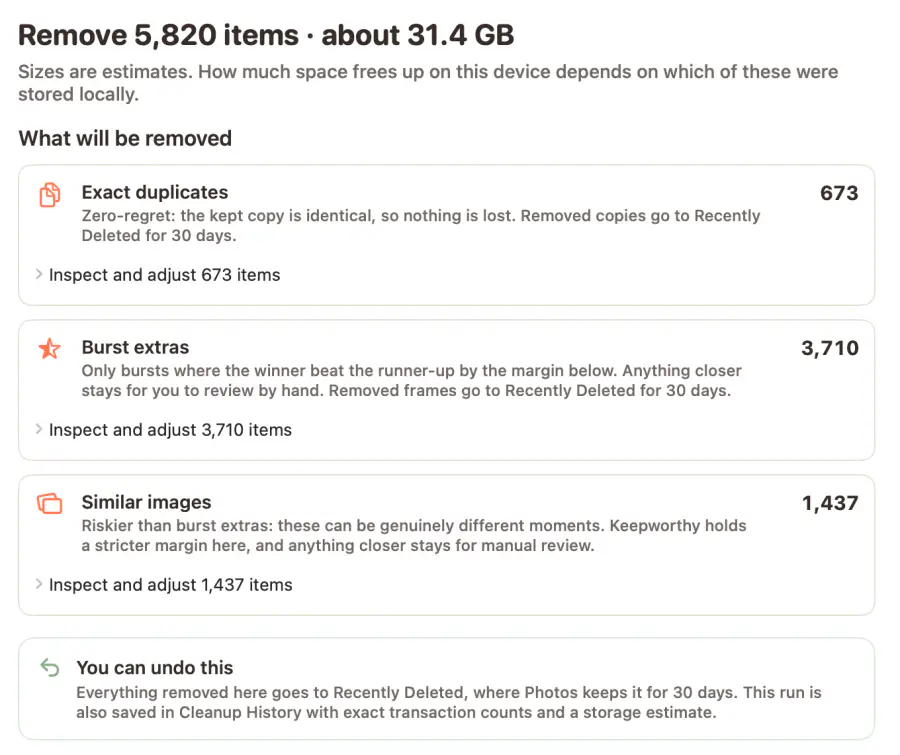 Quick Cleanup review on a Mac: remove 5,820 items, about 31.4 GB, across exact duplicates, burst extras and similar images, each with its own count to inspect