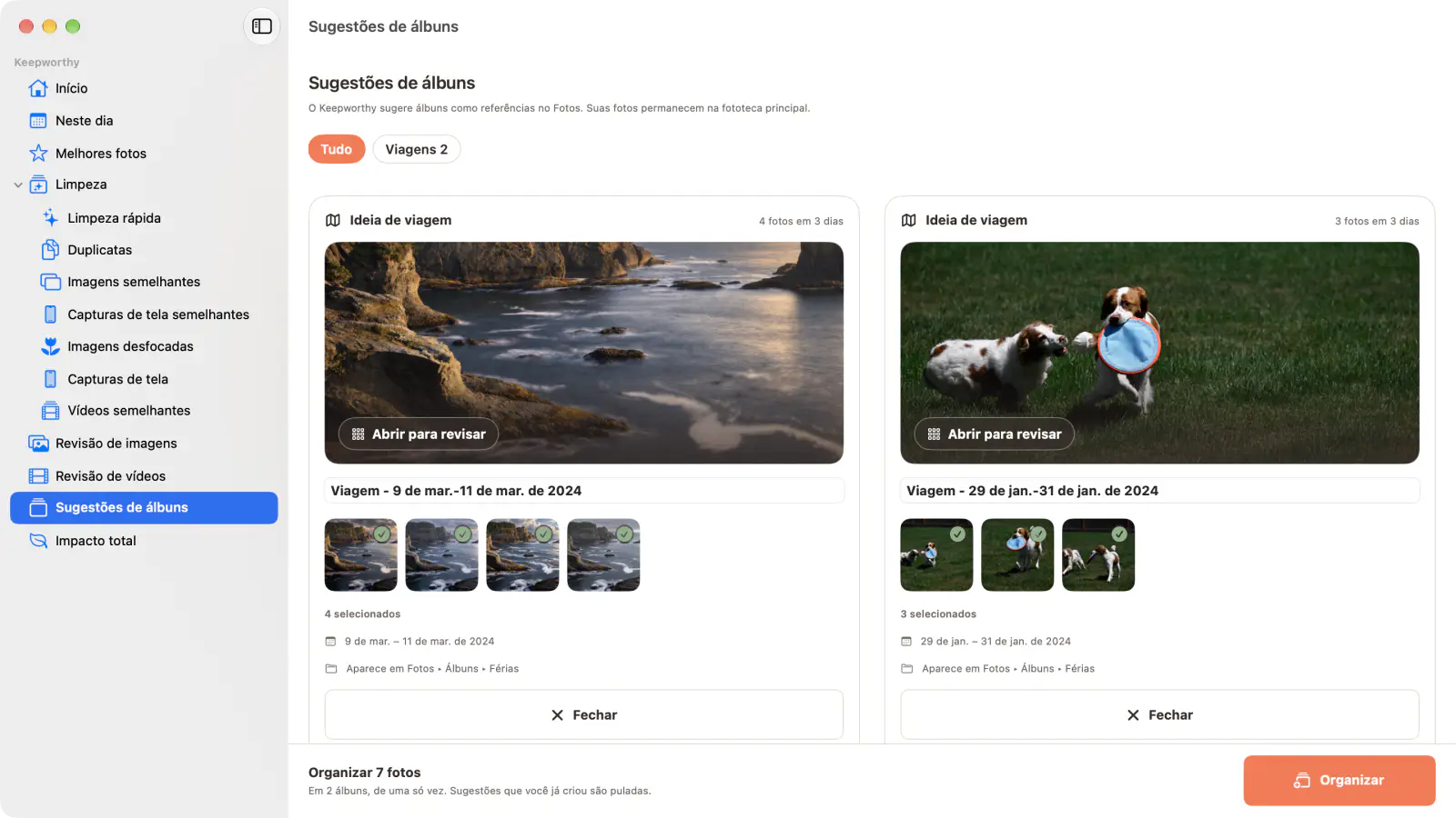 Sugestões de álbuns no Mac: duas ideias de viagem, cada uma pronta para virar um álbum no Fotos