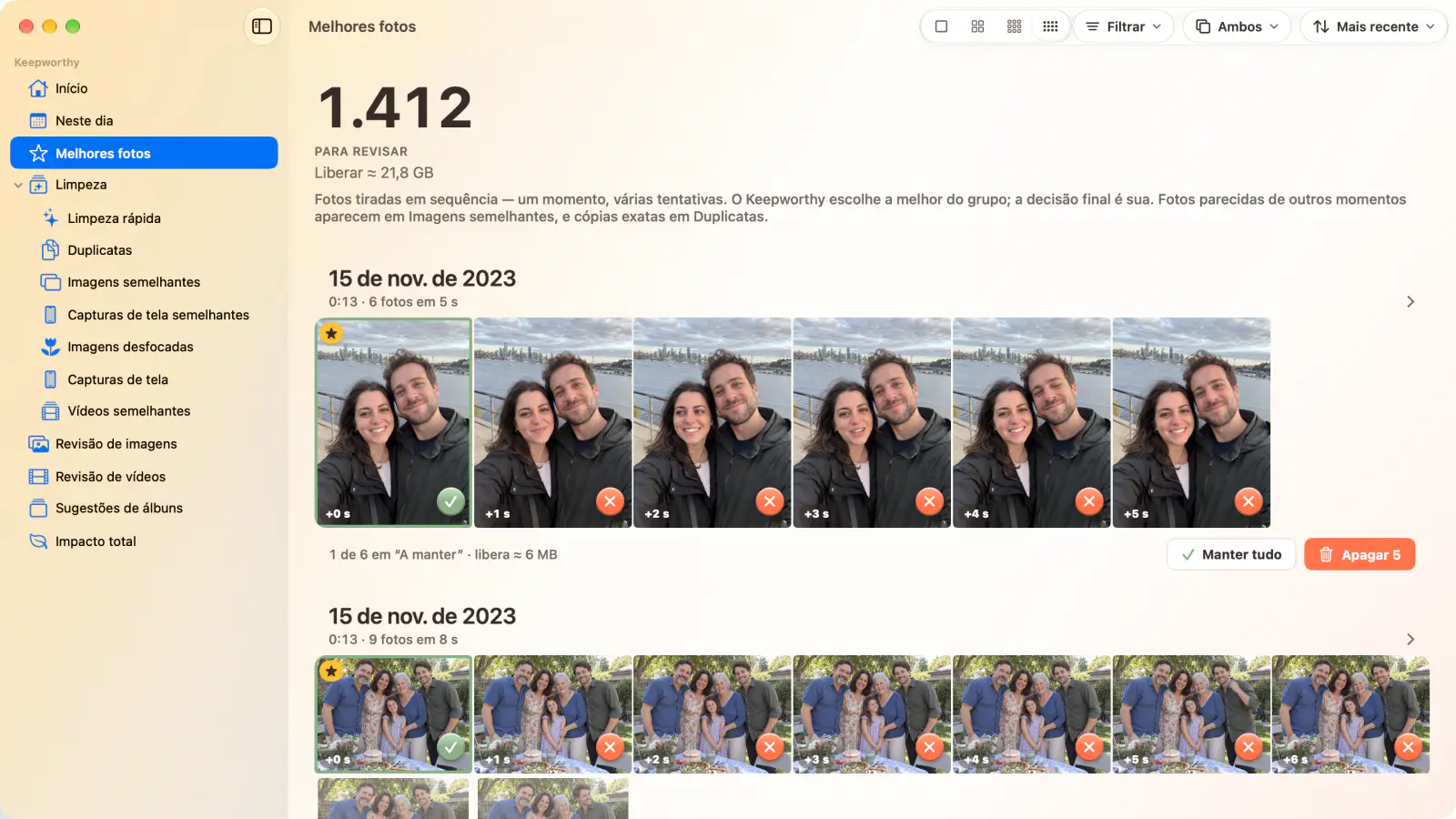 Melhores fotos no Mac: 1.412 fotos para revisar, agrupadas por momento, com a escolha de cada grupo marcada com estrela e o resto marcado para exclusão