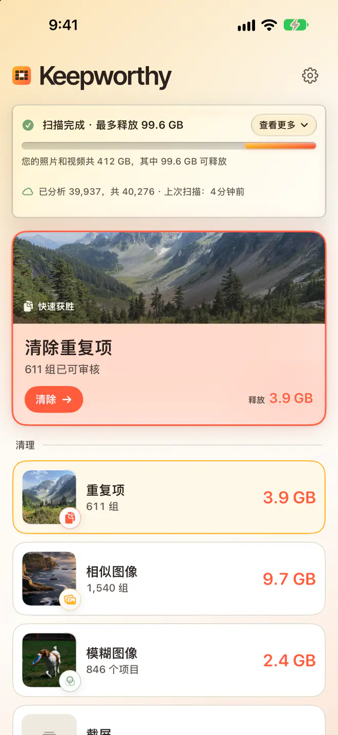 iPhone 上的 Keepworthy 首页:扫描完成,最多可释放 99.6 GB,重复项、相似图像和模糊图像各自显示大小